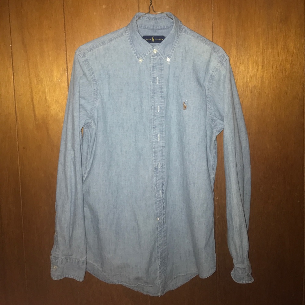 Blue denim button down casual polo shirt
